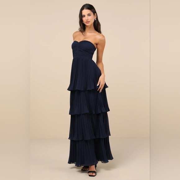 Lulus Seriously Sensational Navy Blue Strapless Tiered Maxi Dress Wedding Party - Picture 3 of 8